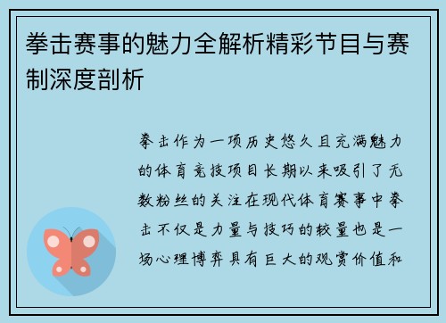 拳击赛事的魅力全解析精彩节目与赛制深度剖析