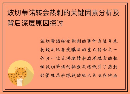 波切蒂诺转会热刺的关键因素分析及背后深层原因探讨 波切蒂诺转会热刺的关键因素分析及背后深层原因探讨