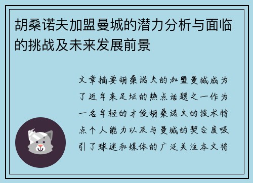 胡桑诺夫加盟曼城的潜力分析与面临的挑战及未来发展前景